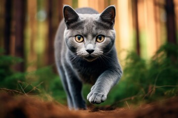 Obraz premium Full-length portrait photography of a curious russian blue cat pouncing isolated in forest background