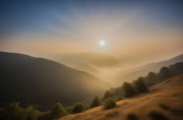 mountain landscape. morning dawn over the fog in the mountains