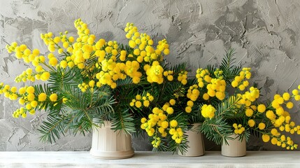   A trio of yellow-flowered vases sits atop a white table, near a gray wall