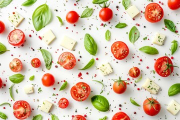 Colorful caprese ingredients pattern with tomatoes basil and cheese on white background Concept of Caprese salad recipe top view