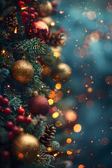 A closeup of a Christmas tree's branches with fairy lights, baubles and berries. Bokeh effect in the background. Red, gold and green.