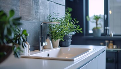Contemporary kitchen counter with a sleek sink and faucet