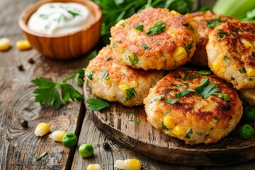 Fototapeta premium Corn pea and turkey patties with fresh herbs and sour cream dressing blank space for text