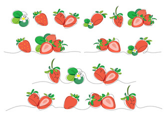 Colored set of stylized vector strawberries in minimalist style
