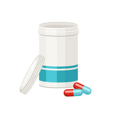 Open bottle with pills isolated on white background. Vector cartoon flat illustration of medication.