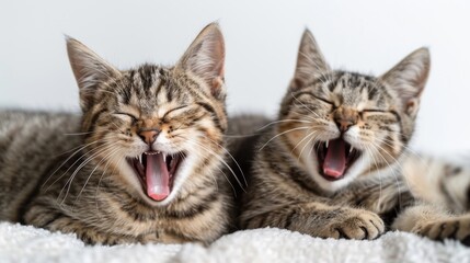 Two cats are laying on a bed and one of them is yawning - Powered by Adobe