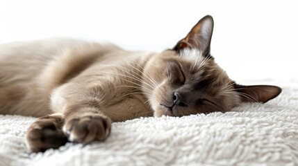 A cat is sleeping on a white blanket
