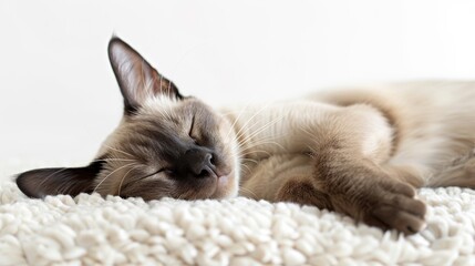 A cat is sleeping on a white blanket