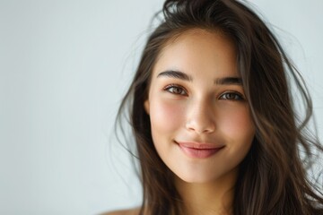 Fototapeta premium Portrait of young woman smiling in studio diverse ethnicity.