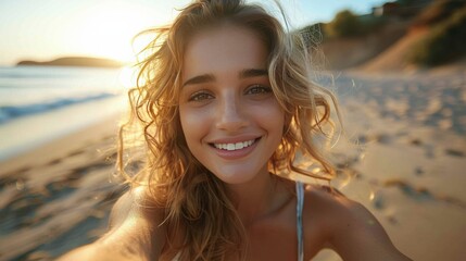 Beautiful Young Woman Standing on Top of a Beach