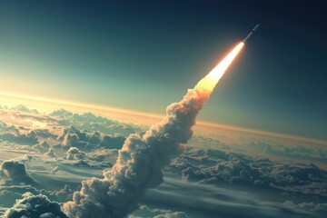 Dynamic Rocket Launch Captured at Dusk with Vibrant Contrails Against Blue Sky - obrazy, fototapety, plakaty
