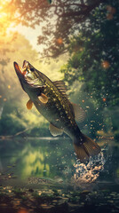 Fototapeta premium Jumping Bass Fish For Wallpaper Background, Fishing Lovers Image , On Water Forest and Mountain, Freshwater Fish, Fish Scene