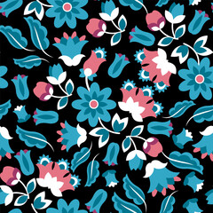 Bright ethnic pattern of Mexican ethnic flowers on a black background