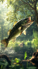 Fototapeta premium Jumping Bass Fish For Wallpaper Background, Fishing Lovers Image , On Water Forest and Mountain, Freshwater Fish, Fish Scene