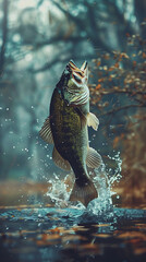 Jumping Bass Fish For Wallpaper Background, Fishing Lovers Image , On Water Forest and Mountain, Freshwater Fish, Fish Scene