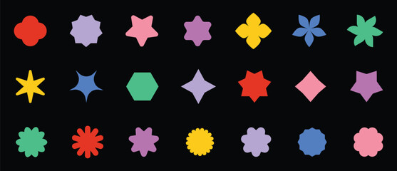 Set of basic shapes, asterisks icons. Polygonal elements. Colorful geometric design symbols, starbursts, star collection isolated on dark background. Sign for banner and sale in vector flat style.