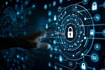 Obraz premium Protected servers ensure high tech security, holographic interfaces lock out hackers, cybersecurity protocols defend against ransomware and digital intrusions.