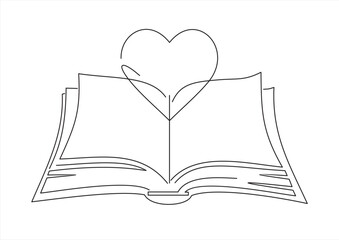 Open book and heart, continuous line vector illustration. one line vector drawing of a book and a heart, concept of love of reading. Black and white hand drawn image.