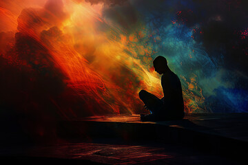 Silhouette of a man in meditation amidst a dynamic, cosmic-like explosion of vibrant colors and abstract patterns, symbolizing inner peace amid outer turmoil.