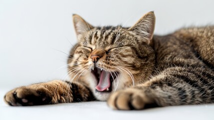 A cat is sleeping on a white surface