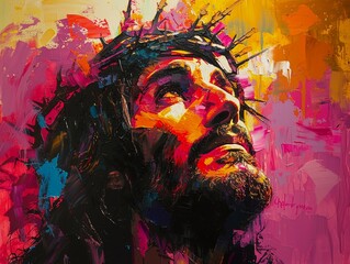 With bold colors and energetic brushstrokes, pop art captures the essence of Jesuss message, each painting a vivid reflection of his teachings, super detailed