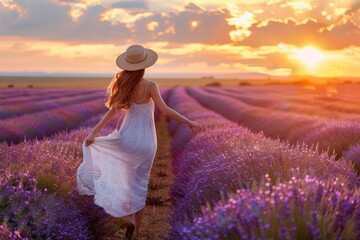 Sunset stroll, young woman in white dress and straw hat running through lavender field
