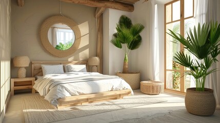 a Scandinavian-inspired bedroom, featuring a wooden bed, wall-mounted mirror, and window, simple furniture against beige walls, y a white carpet, a lush green plant, and soft lighting.