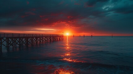 Sunset Illuminating the Pier with Golden Hues by the Water's Edge