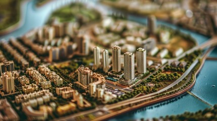 Close up of a miniature model of a city on the table. hyper realistic 