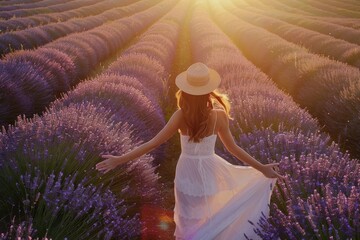 Sunset nature, aerial view young woman in straw hat and white dress running through lavender field