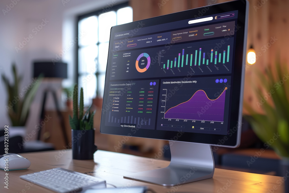 Poster a computer monitor displays a graph with a purple line and a green line