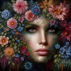 Hyper realistic woman’s face with floral and tree elements against a dark nature background.