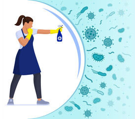 Woman fighting germs with a spray disinfectant