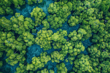 Naklejka premium A lush green forest with trees and water