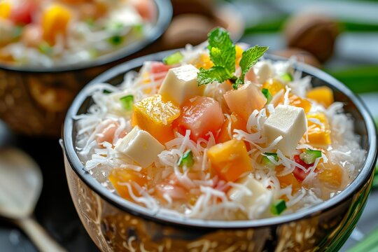 Detailed view of Buko Salad a Filipino dessert with young coconut sweetened milk fruit cocktail and more ingredients