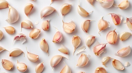 A row of garlic bulbs are shown, some of which are cut in half