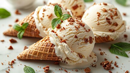   Three scoops of ice cream sit atop a white plate, garnished with fresh mint leaves and crunchy chopped pecans - obrazy, fototapety, plakaty