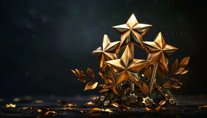 Elegant trophy for champion with gold stars and laurel wreath on dark background