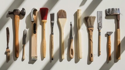 A collection of old-fashioned tools, including spoons, knives, and hammers