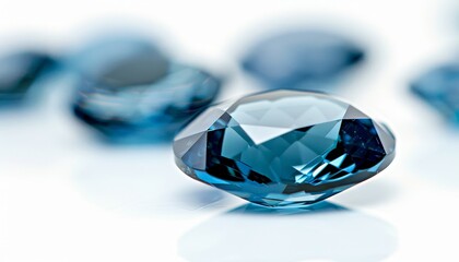 Enhanced London blue topaz gemstone for jewelry making Isolated on white background with a slight reflection Gemology theme