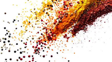 Various colorful of spices floating on the air isolated on transparent or white backgroud png cutout clipping path