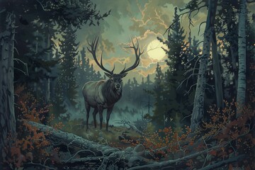 Fototapeta premium Majestic Elk in the Moonlight Forest: An elk stands proud amidst the dense forest, its antlers catching the moonlight as the scene evokes a feeling of wonder.