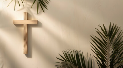 A wooden cross is on a wall with palm leaves in the background