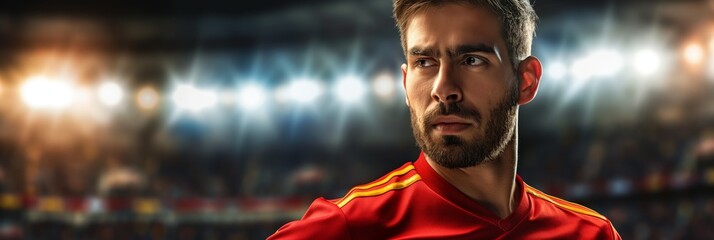 Intense portrait of a male soccer player in a red jersey with stadium lights behind
