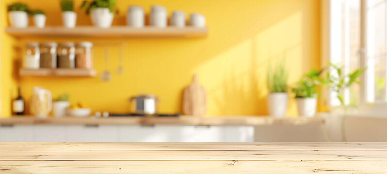 Wooden light empty countertop against the background of a modern bright yellow kitchen, kitchen panel in the interior, soft focus. Stage showcase template for promotional items, banner