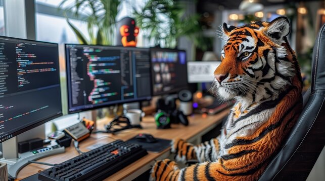 A computer monitor is turned on and a tiger is sitting in front of it