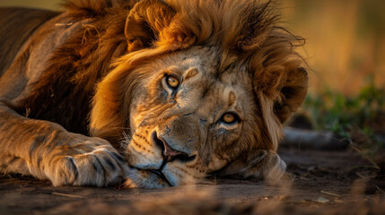 A lion is laying down on the ground with its head tilted to the side