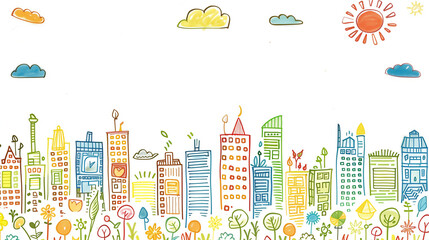 Obraz premium colorful hand drawn cityscape with buildings doodle with flowers isolated on white background 