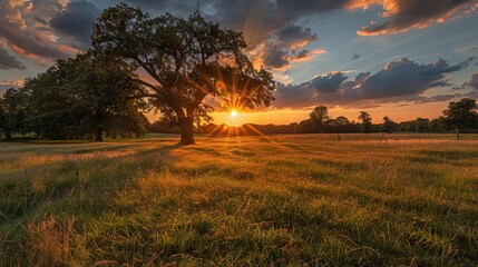 Sunset in the countryside. Sunset rays piercing through a large tree in a serene field.