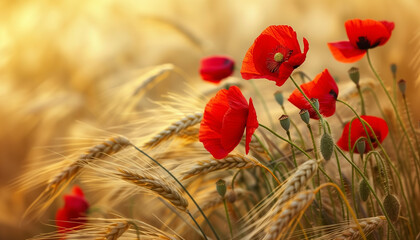 Golden wheat ears and red summer poppies